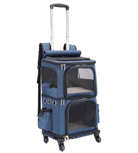 Geyaziu 猫 2 匹用キャリー リュック キャスター付き 小型犬用 2 段式 ペットトロリーバッグ 大容量 通気性 旅行/通院/交通機関/災害避難用 グレー (ダークブルー,固定)