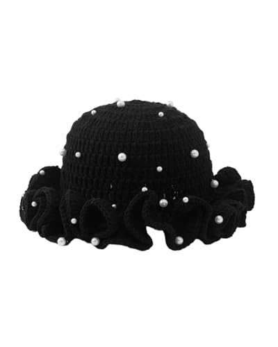 Image of Women Crochet Bucket Hat Cute Winter Ruffled Brim Floppy Cap Handmade Knit Cloche Hats