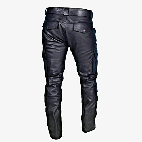 BaronHong Men Multi Pockets Motorcycle Workwear Slim Fit PU Faux Leather Cargo Pants2