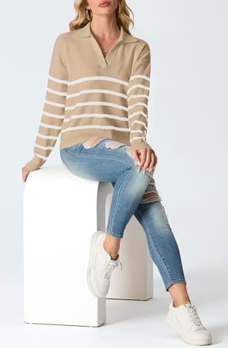 GRECERELLE 2024 Sweaters for Women Trendy Long Sleeve V Neck Striped Sweater Women Winter Chunky Pullover4