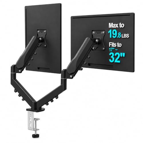 Image of STAR WORK Dual Monitor Mount for 13-32 inch Inch Screens, Adjustable Gas Spring Monitors Arm Desk Stand with C-Clamp & Grommet Base, Motion 360 Swivel & Tilt, Supports 19.8 lbs (Dual Black Monitor Arm)