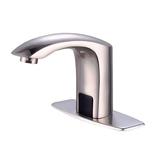 HHOOMMEE Bathroom Automatic Touchless Sensor Faucet Motion Activated Hands Free Mixer Tap with Deck Plate (Nickle)