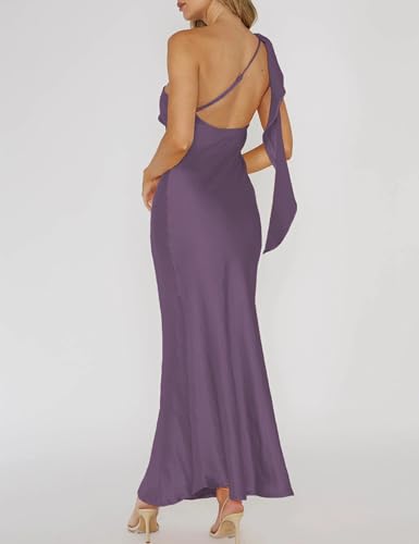 Image of 2026 Satin One Shoulder Maxi Dress for Women Summer Silk Formal Elegant Backless Ruffle Sleeveless Wedding Guest Dresses