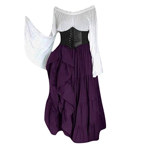 JURTEE Women Vintage Renaissance Gothic Halloween Party Dress Flared Long Sleeve Slim Fit Cosplay Cocktail Pleated Dress(XXL,Purple)