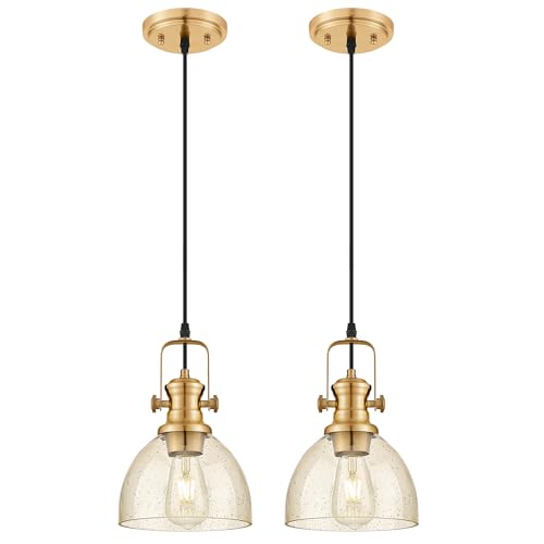 Image of 2-Pack 7.5 inch Brushed Gold Pendant Light Kitchen Island, Amber Shade | Farmhouse Vintage Hanging Light Fixture for Dining Room, Amber Seeded Glass, Adjustable Hanging Height, AD-22151-1P2-GD-OR