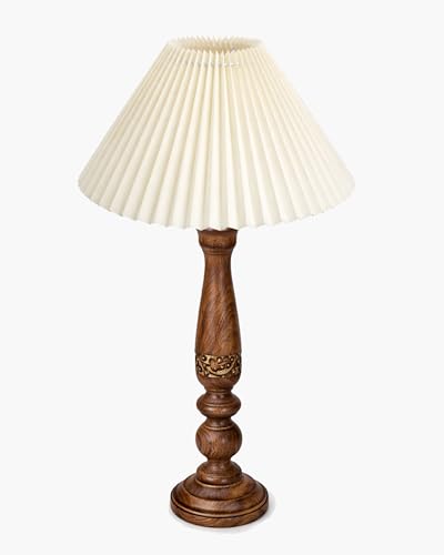 Image of Homesake Floral Carved Wood Table Lamp with Shade | Handcrafted Bedside Lamp, E27 Holder| Bulb Included |Warm Light Night Lamp, Bedroom, Living Room, Study & Home Decor, (Pleated Off-White)
