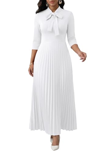 Image of FANDEE Maxi Dress for Women Formal 3 /4 Sleeve Pleated Empire Long Dress Semi Formal Tie Neck Office Work Dresses