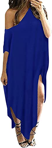 Bxwoum Women's Maxi Dress Striped Long Dresses Casual Loose Kaftan Oversized Round Neck Split Summer Beach Sundress (C-Blue, xx_l)