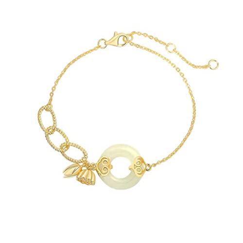 Bracelet pendentif en jade blanc néphrite et argent S925 style ancien doré pour femmes