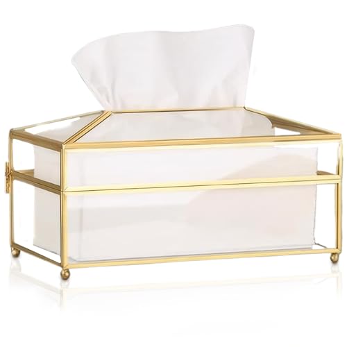 Clear Tissue Box Holder, 7.7x4.5x4.7 Inch Glass Rectangle Tissue Box Cover with Golden Frame, Long Tissue Box Cover, Non Slip Tissue Dispenser for Bathroom Rectangle Tissue Box Cover