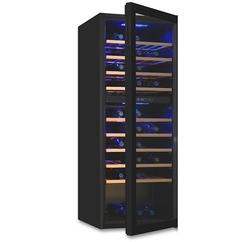 Exquisit® Vinoteca para 78 Botellas, 194L, Negro, Clase G, Doble Zona de Temperatura 5-20°C, Control Digital, Puerta de Cristal Reversible, Iluminación LED, 9 Estantes, Medidas (128,5 x 49 x 57,5 cm)