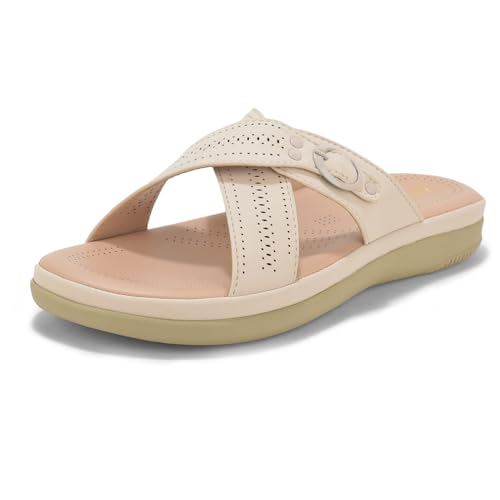 Image of SELBRO Women's Comfort Slip-On Sandals - Lightweight Criss-Cross Strap Flats with Laser-Cut Detail and Cushioned Footbed - Stylish Everyday Walking Flats SAR-CHD126