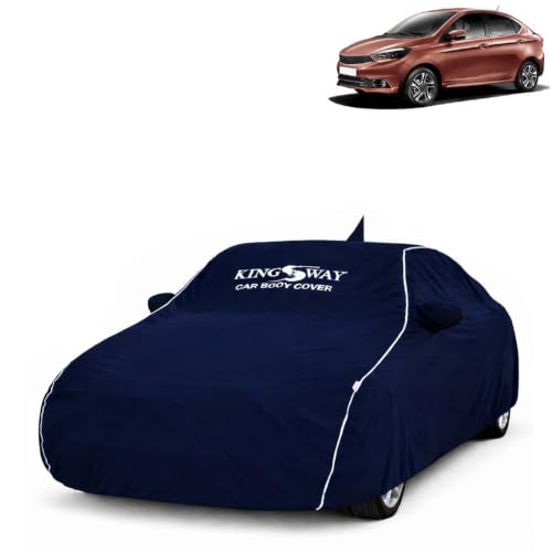 Image of KINGSWAY Super Waterproof Car Cover Only with Tata Tigor (Year 2017 Onwards - All Model) | Mirror and Antenna Pockets | All Weather Car Body Cover with Silver Piping | Blue