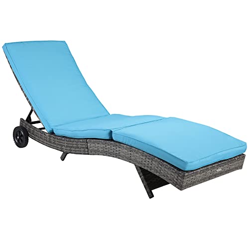 Outsunny Reclining Chaise Lounge Chair, Thickly Cushioned, Rolling Outdoor Plastic Rattan Sun Bathing Chair/w Wheels for Poolside, Pool, Patio, Sky Blue Outsunny Reclining Chaise Lounge Chair, Thickly Cushioned, Rolling Outdoor Plastic Rattan Sun Bathing Chair/w Wheels for Poolside, Pool, Patio, Sky Blue
