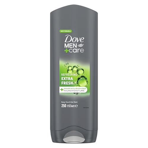 Dove Men+Care Refreshing Extra Fresh Mens 3-in-1 Hair Face and Body Wash Body Cleanser shower gel with 24 hour nourishing MicroMoisture technology for healthy and smooth skin all day 250 ml
