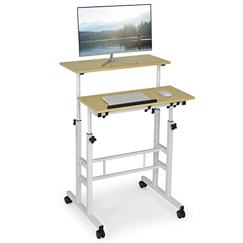 Giantex Mobile Stand up Computer Desk, Rolling Standing Laptop Cart with 2 Tilting Desktops, Sitting or Standing Modes, Height Adjustable Home Office Workstation (Natural)