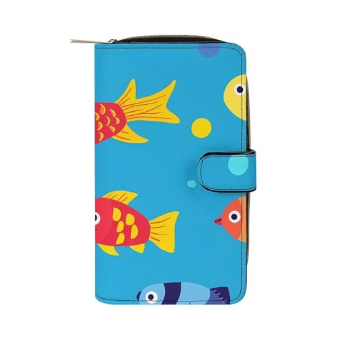 Cute Colorful Fish Stylish Leather Wallet Womens Mens Slim Purse Secure Card Holder Durable Bifold Clutch Handbag