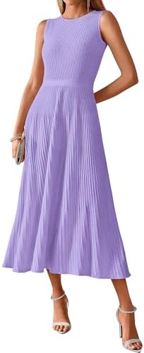 BTFBM Women Midi Bodycon Tank Dress Summer Crewneck Sleeveless Pleated A Line Business Casual Knit Sweater Fall Dresses