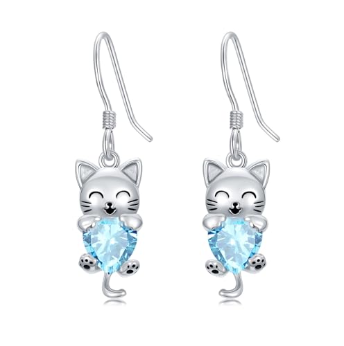 Boucles d'oreilles chat en argent avec pierre de naissance synthétique pour femme