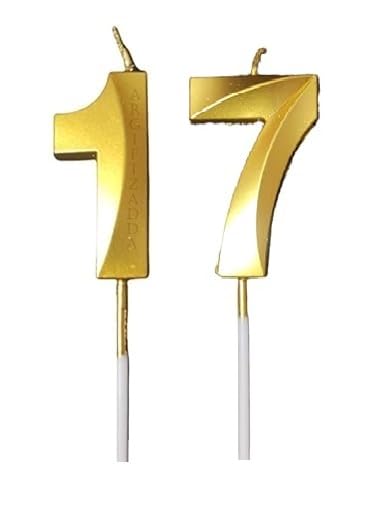 Image of ToyUniverse Number 17 Metallic Gold 3D Candle for Seventeenth Birthday, Anniversary, Surprise Party Cake Decoration (Pack of 2)