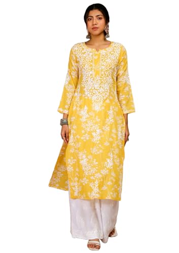 Image of GoSriKi Cotton Blend Embroidered Straight Kurta for Women | Cotton Blend Pink | 3 /4 Sleeve | Round Neck V-Slit | Ethnic Wear Casual Wear