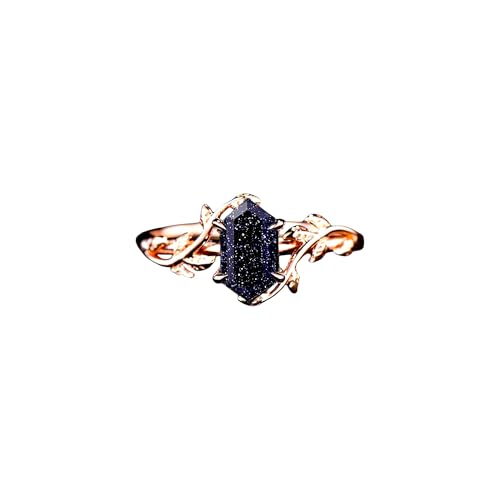 Blue Sandstone Ring – 14K Rose Gold Vintage Leaf Ring – Hexagon Cut Galaxy Stone Band – Handmade Fantasy Engagement Gift for Women