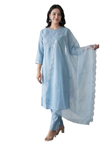 Image of INDO ERA Solid Straight Pure Cotton Kurta with Pant & Dupatta Set for Women