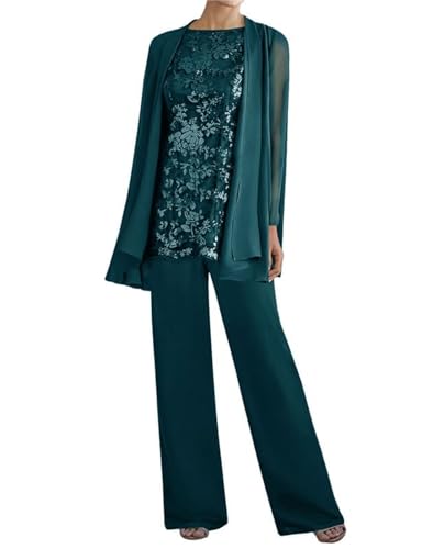 Image of 3 Pieces Mother of The Bride Dresses Pant Suits - Lace Chiffon Long Sleeve Grandmother Dresses with Jacket