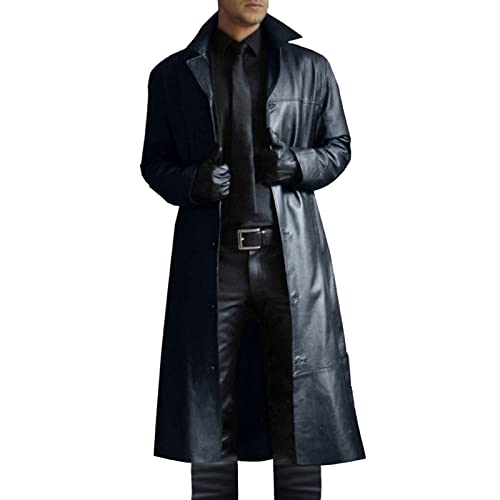 Zeiyignr Mens Vintage Classic WW2 Officer Military Uniform Leather Long Trench Coat Steampunk Goth Overcoat Motorcycle Jakcet