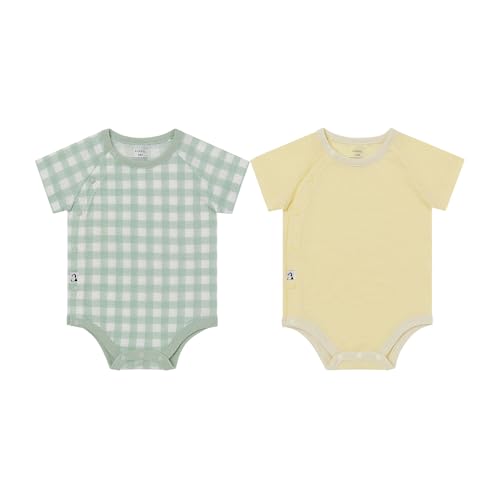Konny Baby Bodysuit 2-Pack Cotton Mesh Short-Sleeve Newborn Baby Boy Girl Spring Summer Clothes-Sage Gingham & Lemon Yellow (18-30M)