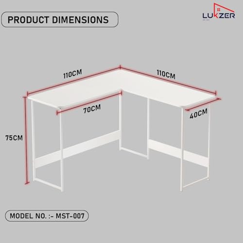 Image of Lukzer Engineered Wood L-Shaped Corner Study and Computer Laptop Table for Home or Office | MST-007 /White & White | Multi-Functional Gaming Station and WFH Desk with Metal Frame