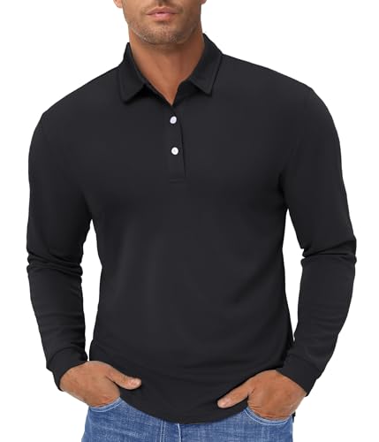 TACVASEN Mens Long Sleeve Polo Shirts Running Lightweight T Shirt Black XL