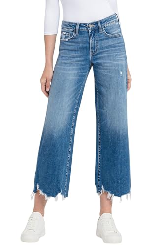 Flying Monkey Women's High-Rise Distressed Hem Cropped Wide Leg Jeans