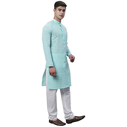 Image of SOJANYA (Since 1958 Men's Pure Cotton Blue Kurta with White Embroidery and White Pyjama Set