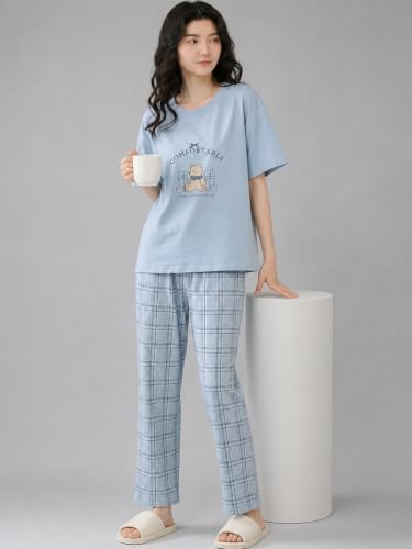 Image of Women's 2-Piece Pajama Set - Short Sleeve Top & Pants Lounge Set, Soft Breathable Sleepwear Night Suit for Women