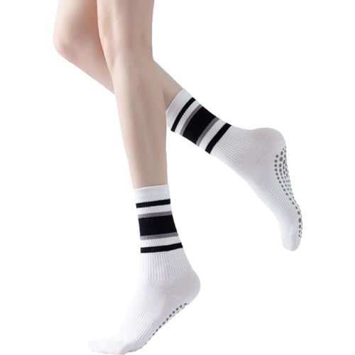 Image of Verdancy Yoga Pilates Socks with Grips for Women Striped Cushioned Non Slip Crew Socks for Barre Ballet Dance