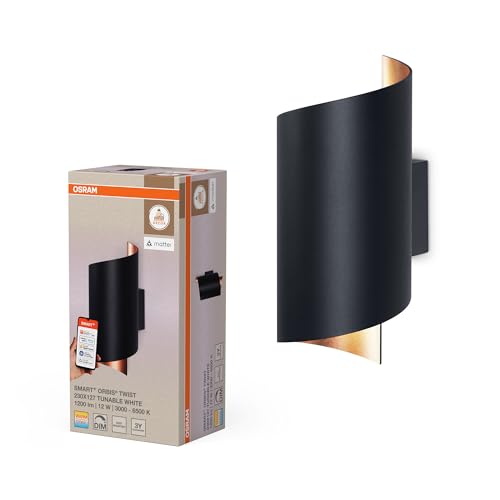 OSRAM SMART+ Matter over Wifi Orbis Aplique Twist, 230x127mm, 12W, 700lm, temperatura de color ajustable mediante Tunable White de 3000 a 6500K, regulable, IP20, aluminio, negro, LED no sustituible