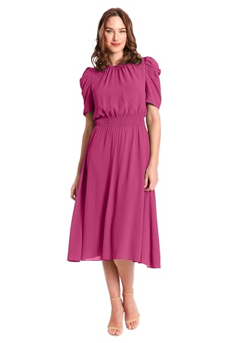 Image of London Times Women's Caterpillar Puff Sleeve Midi Dress - Gathered Waist A-Line Flowy Summer Dress
