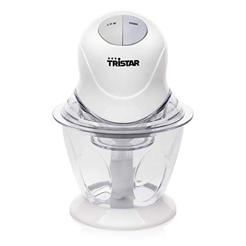 Tristar BL-4009 Picadora eléctrica de alimentos, 2 Hojas de Acero Inoxidable, Bol de Cristal con indicador de nivel de 0.6 L, picadora de cocina para carne, verdura, cebolla y fruta, 200 W, Blanco