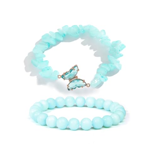 Image of COLORFUL BLING 2Pcs Natural Irregular Chip Stones Butterfly Bracelet Set Gemstone Healing Chakra Crystal Bracelet Reiki Yoga Bead Stretch Bracelet Jewelry Mediation Gifts
