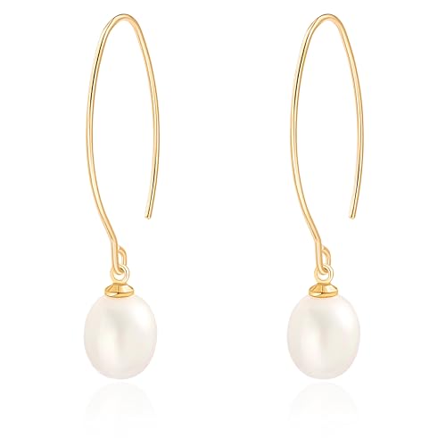 Aobei Pearl Raw Turquoise/Shell Pearl Drop Dangle Earrings 18K Gold Long Hook Wire Threader Earrings for Women Bohemian Ear Jewelry Gift for Her