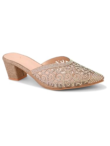 Image of XE Looks Women's Rhinestone Embellished Pointed Toe Mule Heels | Soft Cushioned Insole | Comfortable Stylish Slip-On Block Heel Sandals for Girls & Women