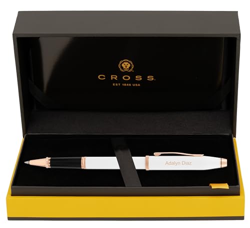 Engraved Cross Pen | Cross Century II Pearlescent White Lacquer Rollerball Pen with Rose...