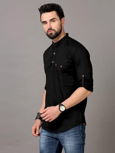 Image of DEEMOON Men's Cotton Blend Full Sleeve Short Kurta with Mandarin Collar Crafted from a Premium Cotton Blend