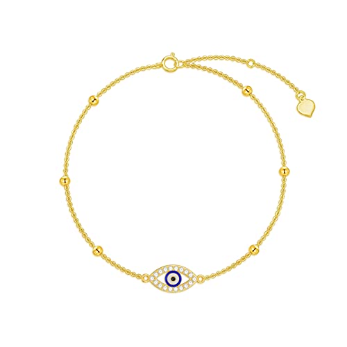 14K Gold Evil Eye Bracelets for Women Solid Gold Bracelet with 5A Cubic Zirconia, 6.5''-8.5''