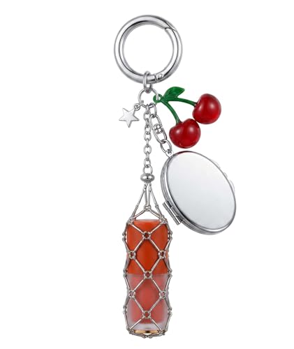 Image of Makeup Pouches, Lipstick Holder Keychain with Red Cherry Oval Mirror, Portable Makeup Organizer for Travel & Daily Use, Compact Lipstick Storage for Handbags, Y2K Bag Charms & Y2K Accessories