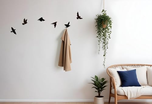 Image of Bird Wall Art Hooks - Set of 6 Metal Decorative Bird Hooks for Wall, Key Holder & Clothes Hanger - Laser Cut, Powder Coated, Heavy Duty, Rustic Home Decor for Living Room & Entryway
