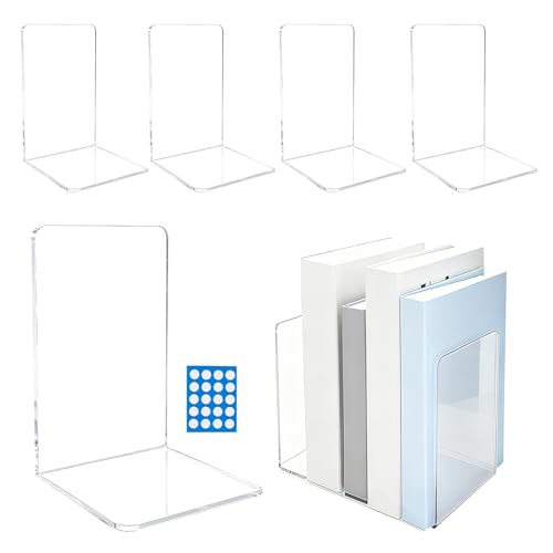 5 Piezas Sujetalibros de Acrílico Transparente Grueso con 20 Almohadillas Antideslizantes, Soporte para Libros de Metacrilato Compactos, Estables y Discretos, para Estantería, Oficina, Escuela y Hogar