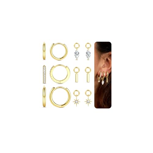 JeryWe Gold Small Hoop Earrings for Women – Hypoallergenic 14K Gold Plated Hoop Cartilage Earring Stacks Gold with Dainty Dangle Charm Non Tarnish Huggie Hoops Earrings for Cartilage Tragus Piercing Jewelry