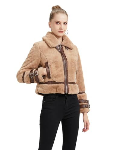 GRAN ORIENTE Womens Winter Faux Mink Fur Fleece Zip up Moto Jacket,Cropped Fuzzy Sherpa Coats Warm Leather Outerwear2